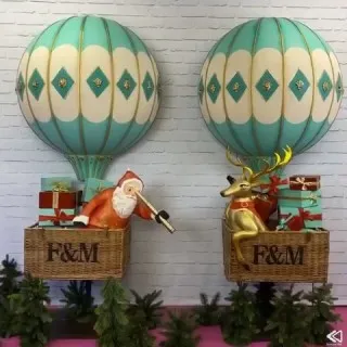 Up, up and away! We loved this project creating Santa and one of his reindeer floating aloft under beautiful hot air balloons! #visimp #visualimpact #vm #display #windowdisplay #fortnums #bespoke #christmas #santa #hotairballoon #eventprofs #reindeer